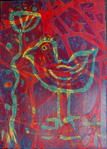Drawing Gum Bird with acrylic paint & syran wrap on top