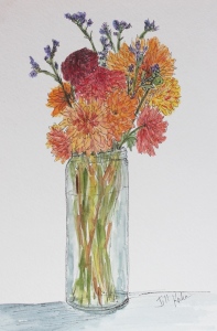 completed watercolor of flowers in vase